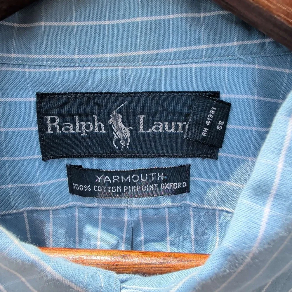 Ralph Lauren Button Down Mens 17 34/35 Blue Yarmouth Pinpoint Oxford Check Shirt